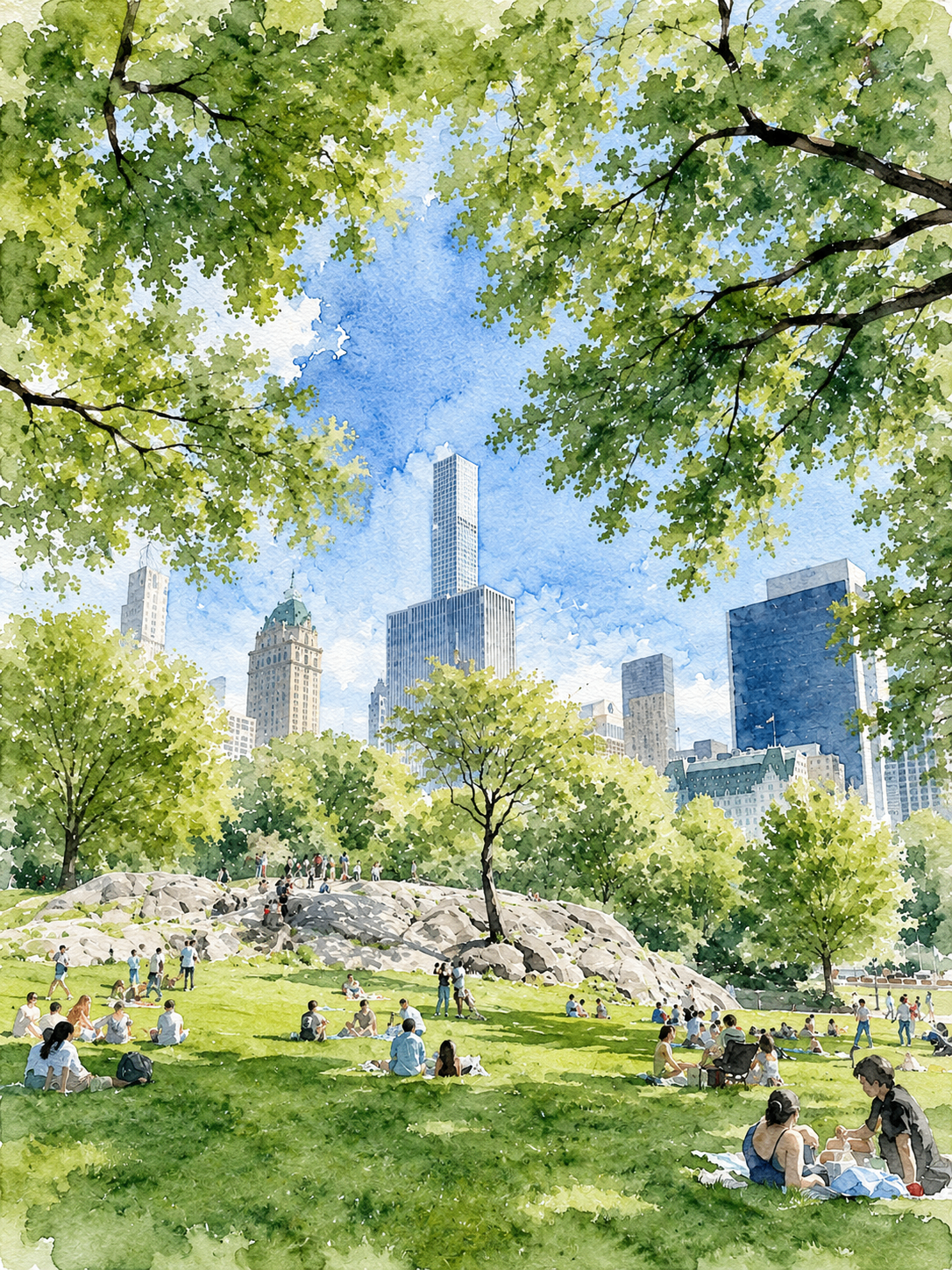 Acquerello di Central Park con lo skyline di Manhattan